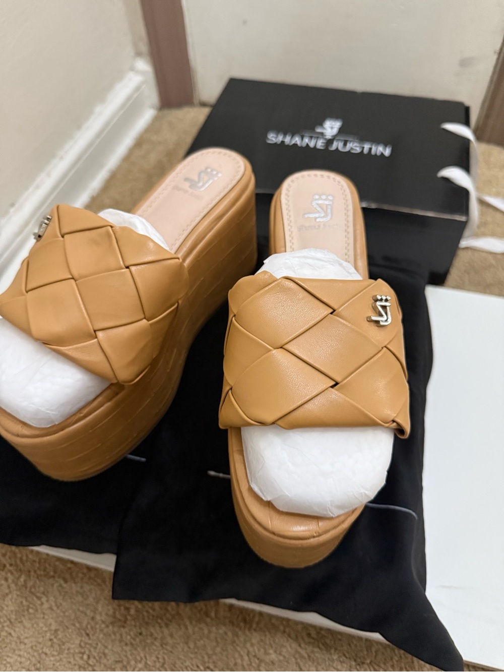Shane Justin Tan Woven Platform Slide Sandals